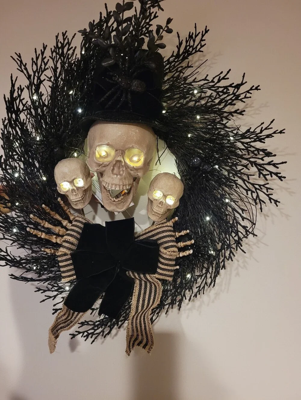 Grammercy Studio Halloween Top Hat Skeleton Skull Wreath with Bows